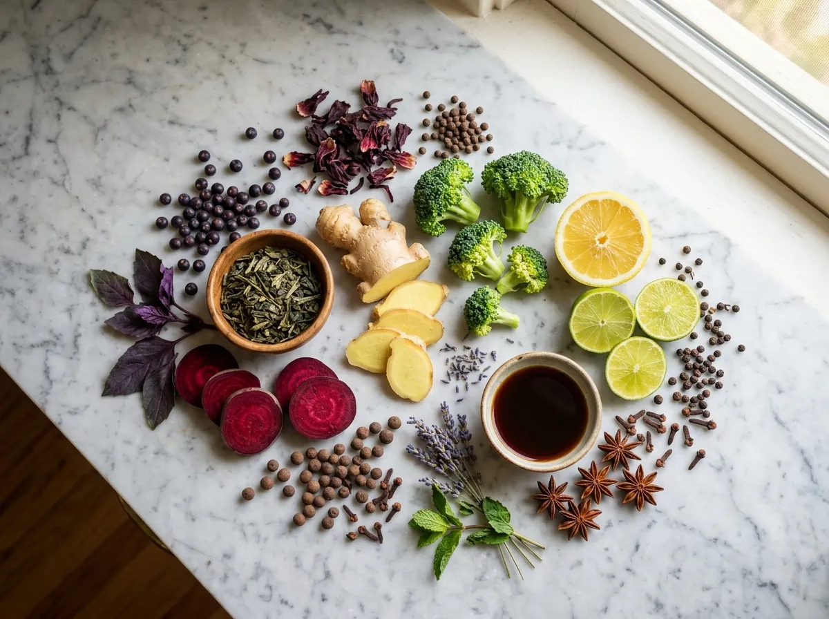 Chromium and zinc supplement ingredients - whole spices and botanical extracts flat lay