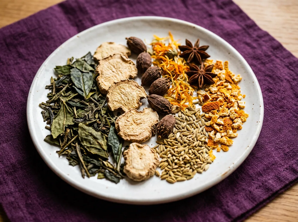 Food supplement for active lifestyle - botanical blend close up including ginger root and citrus
